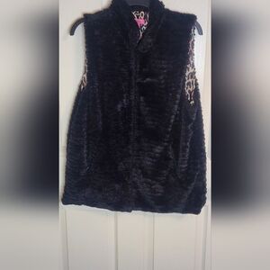 Betsey Johnson L Black Faux Fur Pockets Hook & Eye Collar Pockets Women's Vest